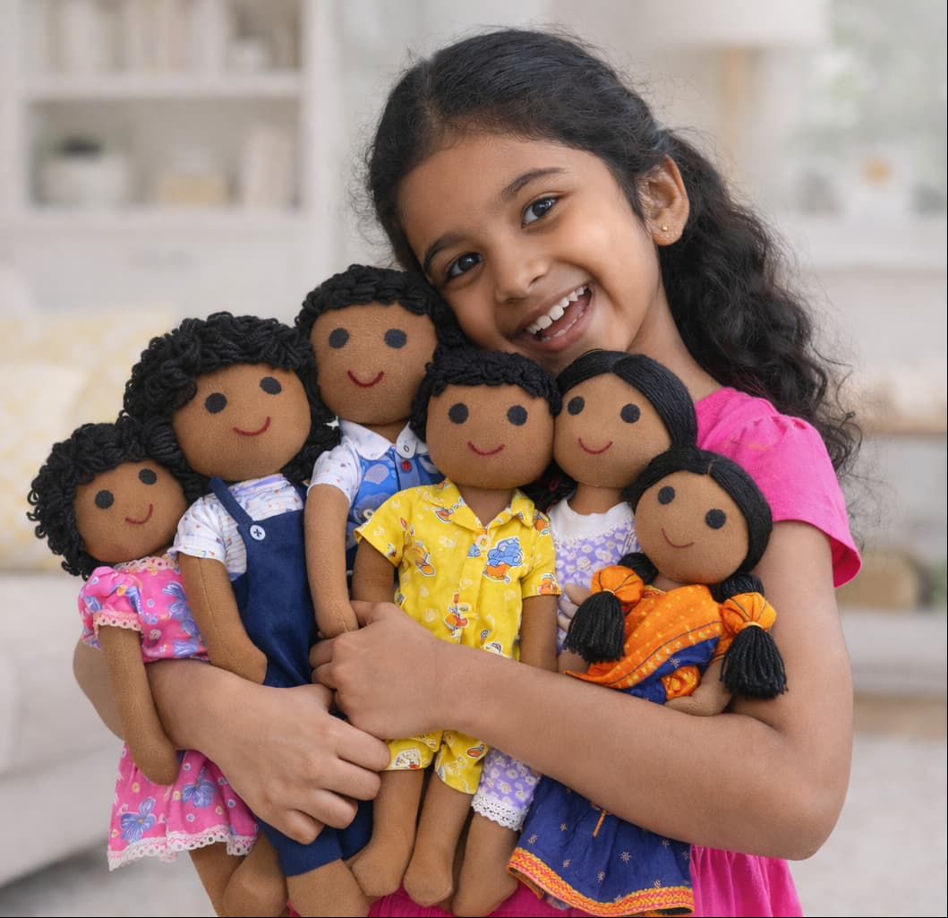 Girl holding a group of diverse dolls with her hands